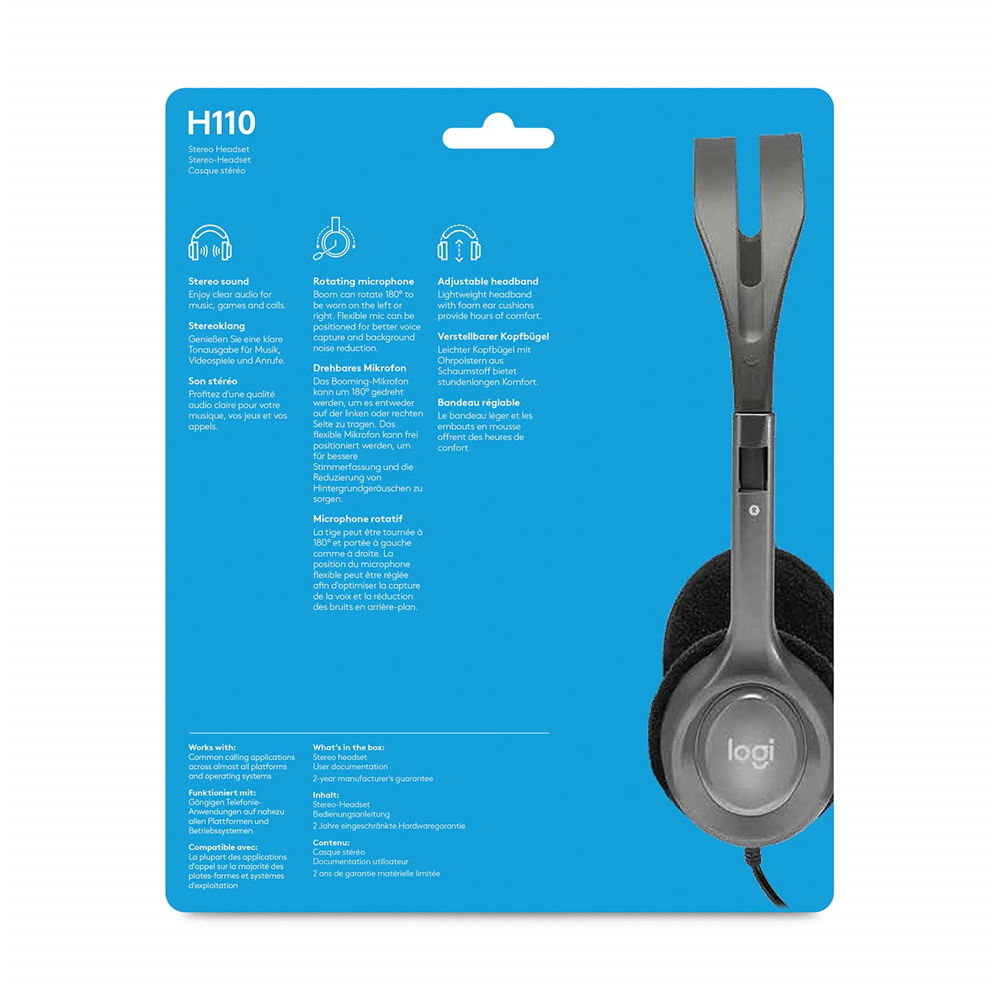 Logitech H110 Wired Headset, Stereo Headphones with Noise-Cancelling Microphone, 3.5-mm Dual Audio Jack, PC/Mac/Laptop - Black - Image 4